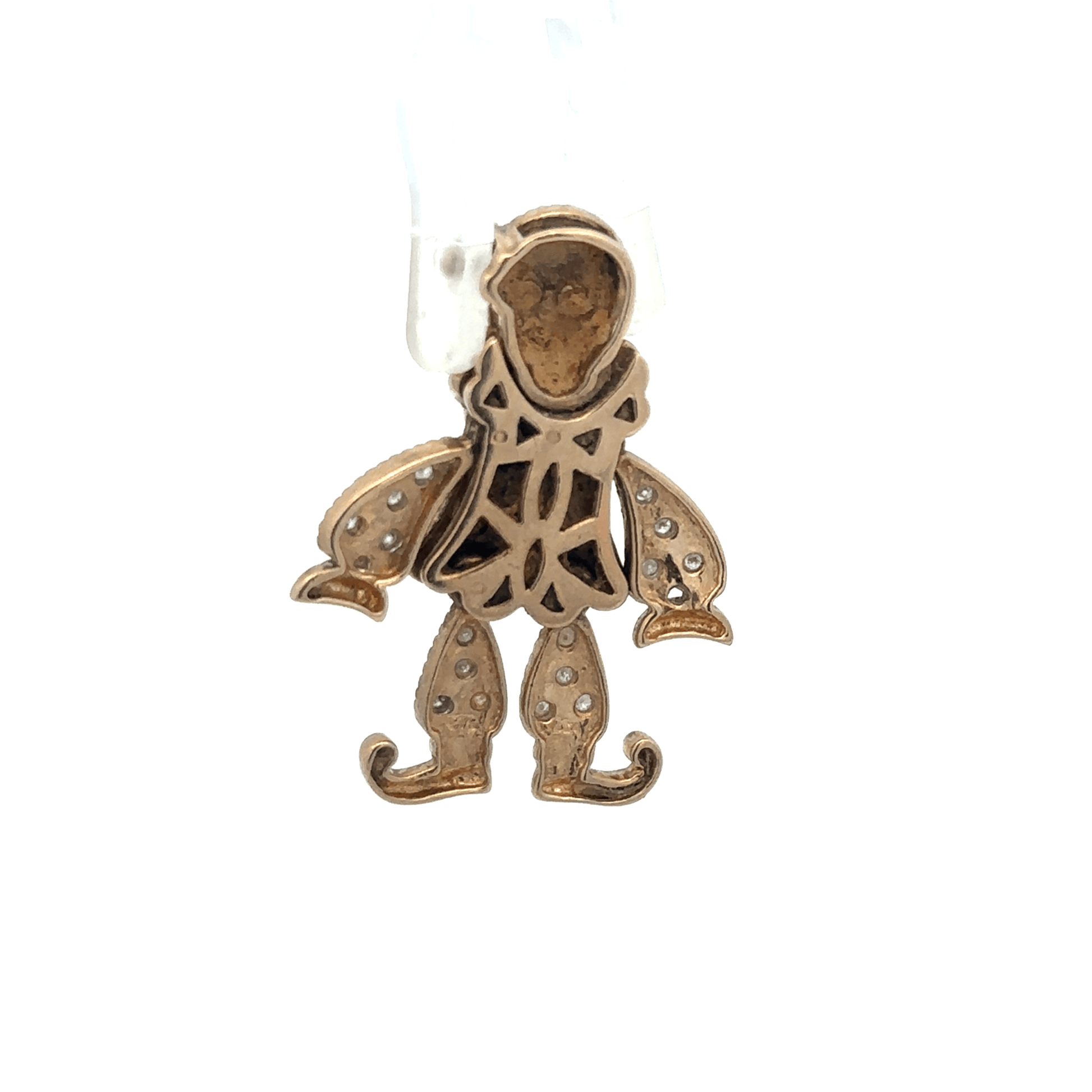 9ct yellow gold diamond clown pendant, unbranded, weighing 5.2g, featuring a detailed clown design with sparkling diamonds.