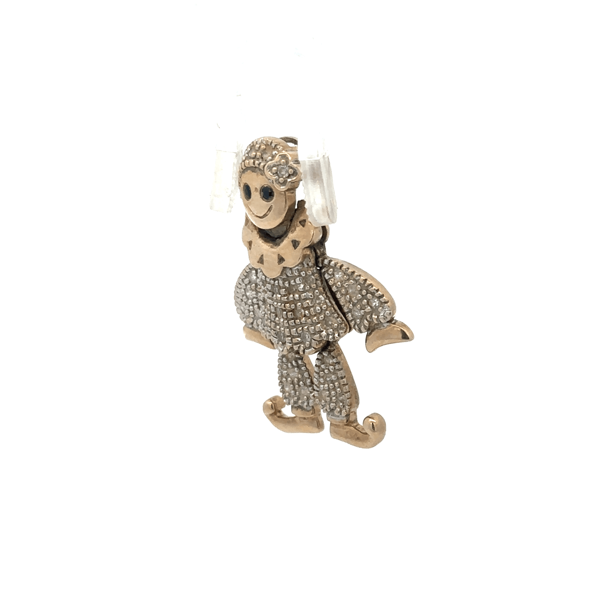 9ct yellow gold diamond clown pendant, unbranded, featuring sparkling diamonds and detailed clown design, weighs 5.2g.