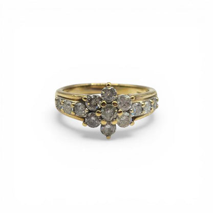 9ct yellow gold diamond cluster ring with sparkling diamonds, showcasing a classic design and elegant craftsmanship.