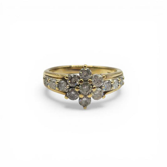 9ct yellow gold diamond cluster ring with sparkling diamonds, showcasing a classic design and elegant craftsmanship.
