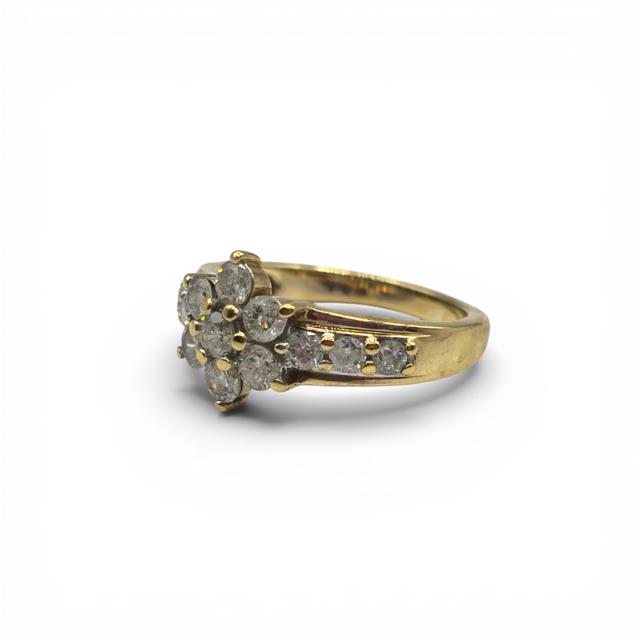 9ct yellow gold diamond cluster ring with sparkling diamonds, showcasing a elegant design and shiny gold band.