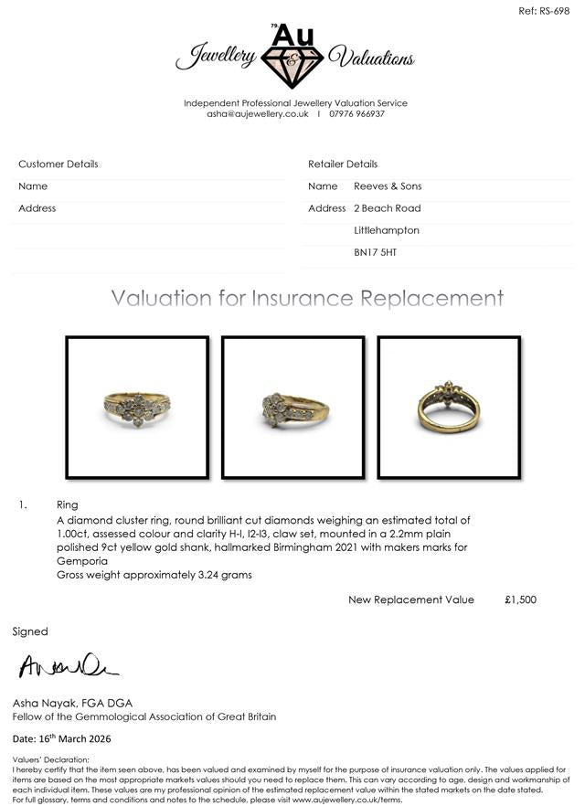 9ct yellow gold diamond cluster ring featuring a sparkling diamond centerpiece and elegant band design.