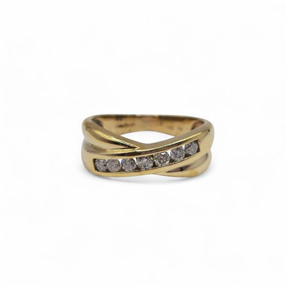 9ct yellow gold diamond crossover ring with sparkling diamonds and elegant design, perfect for stylish jewelry collection.