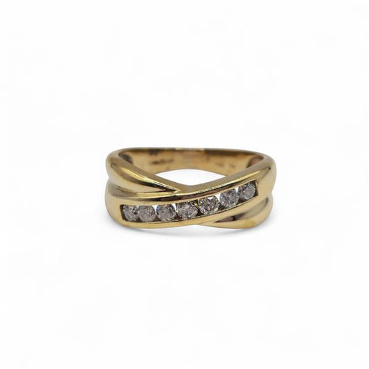 9ct yellow gold diamond crossover ring with sparkling diamonds and elegant design, perfect for stylish jewelry collection.