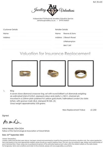 9ct yellow gold diamond crossover ring featuring sparkling diamonds and a sleek modern design.