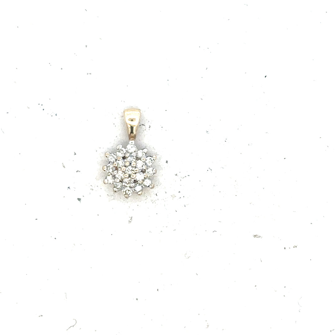 9ct yellow gold diamond pendant with delicate design, showcasing sparkling diamonds and a polished gold finish.