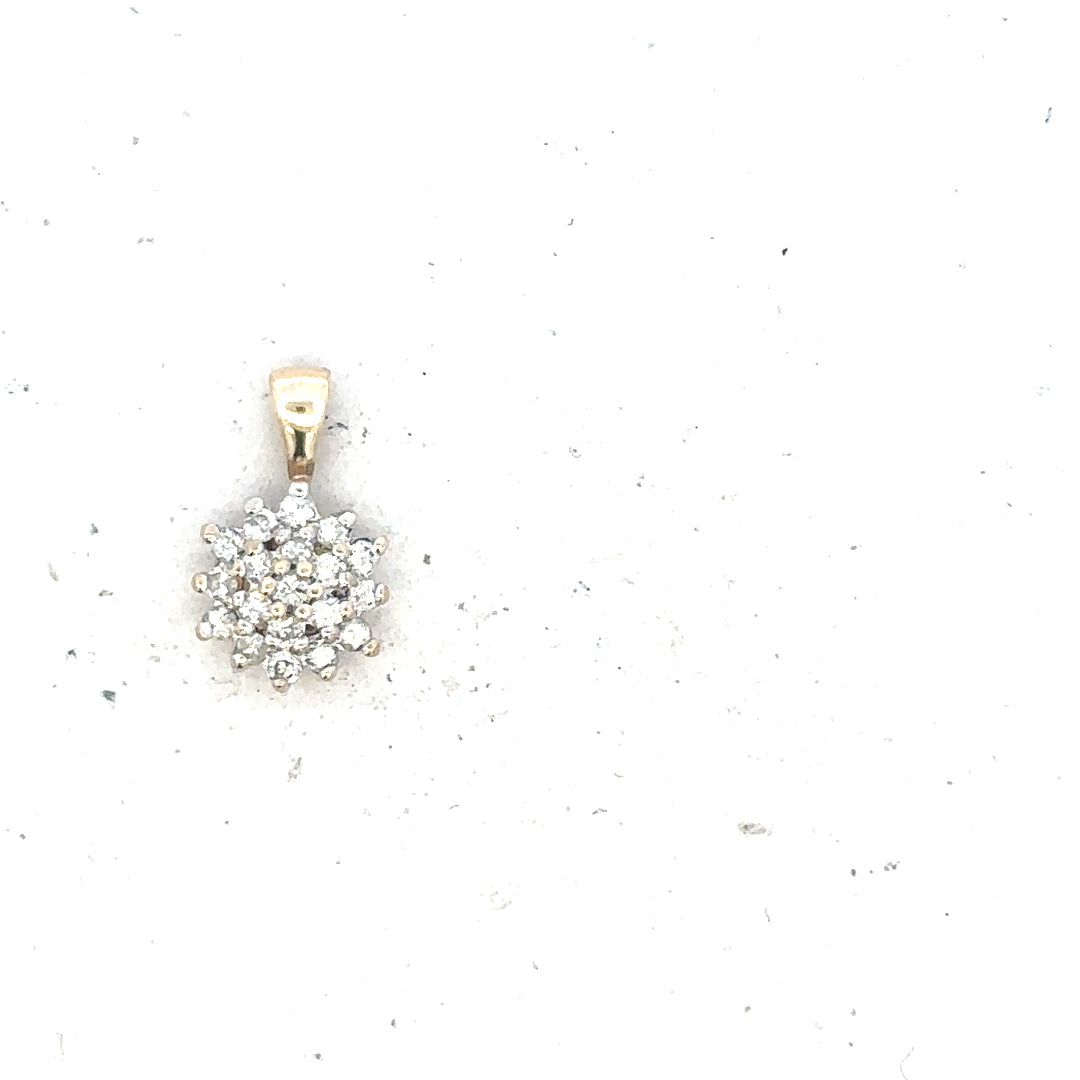 9ct yellow gold diamond pendant with delicate design, weighing 0.6g, showcasing sparkling diamonds on a fine chain.