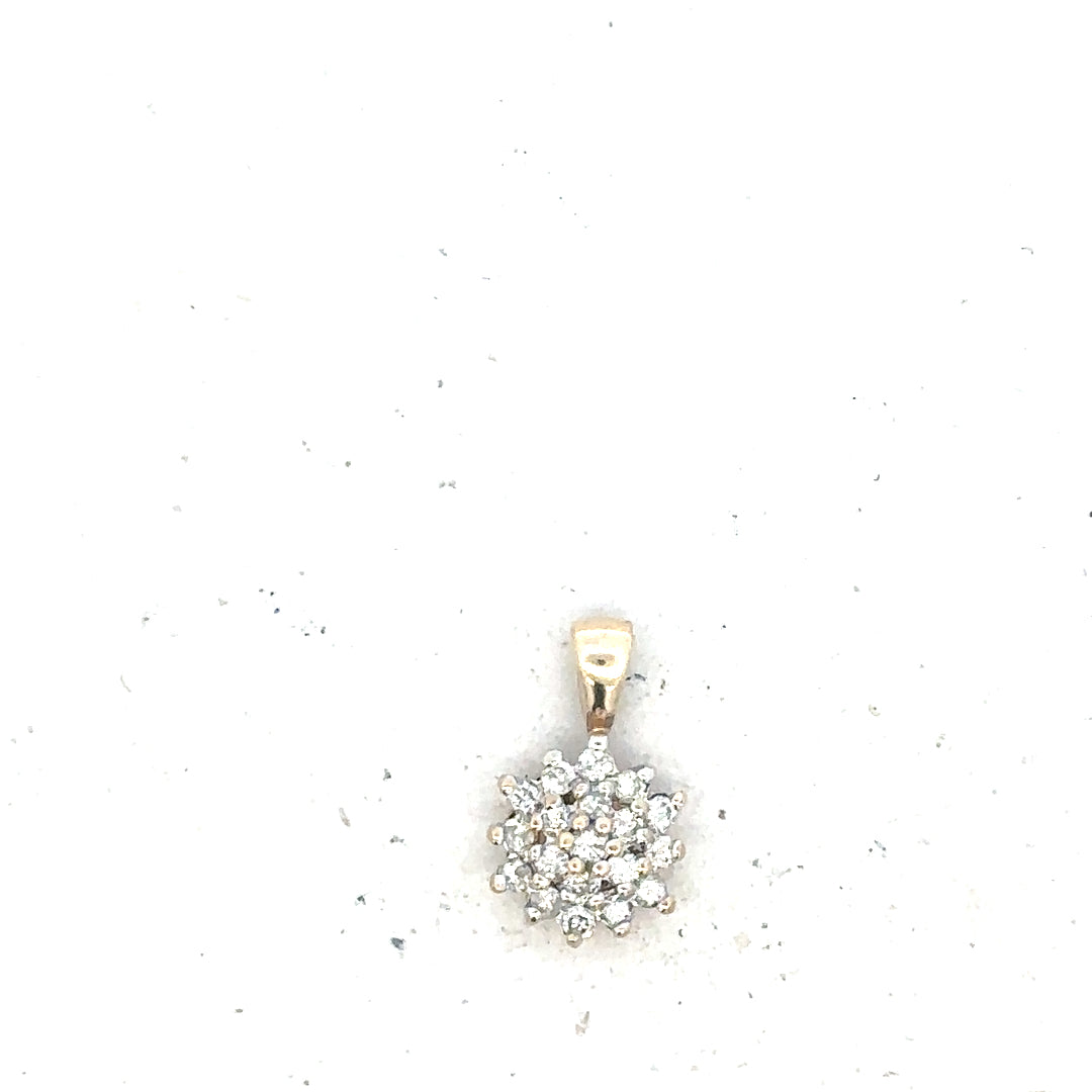 9ct yellow gold diamond pendant with delicate chain, unbranded jewelry accessory, showcasing sparkling diamonds and fine craftsmanship.