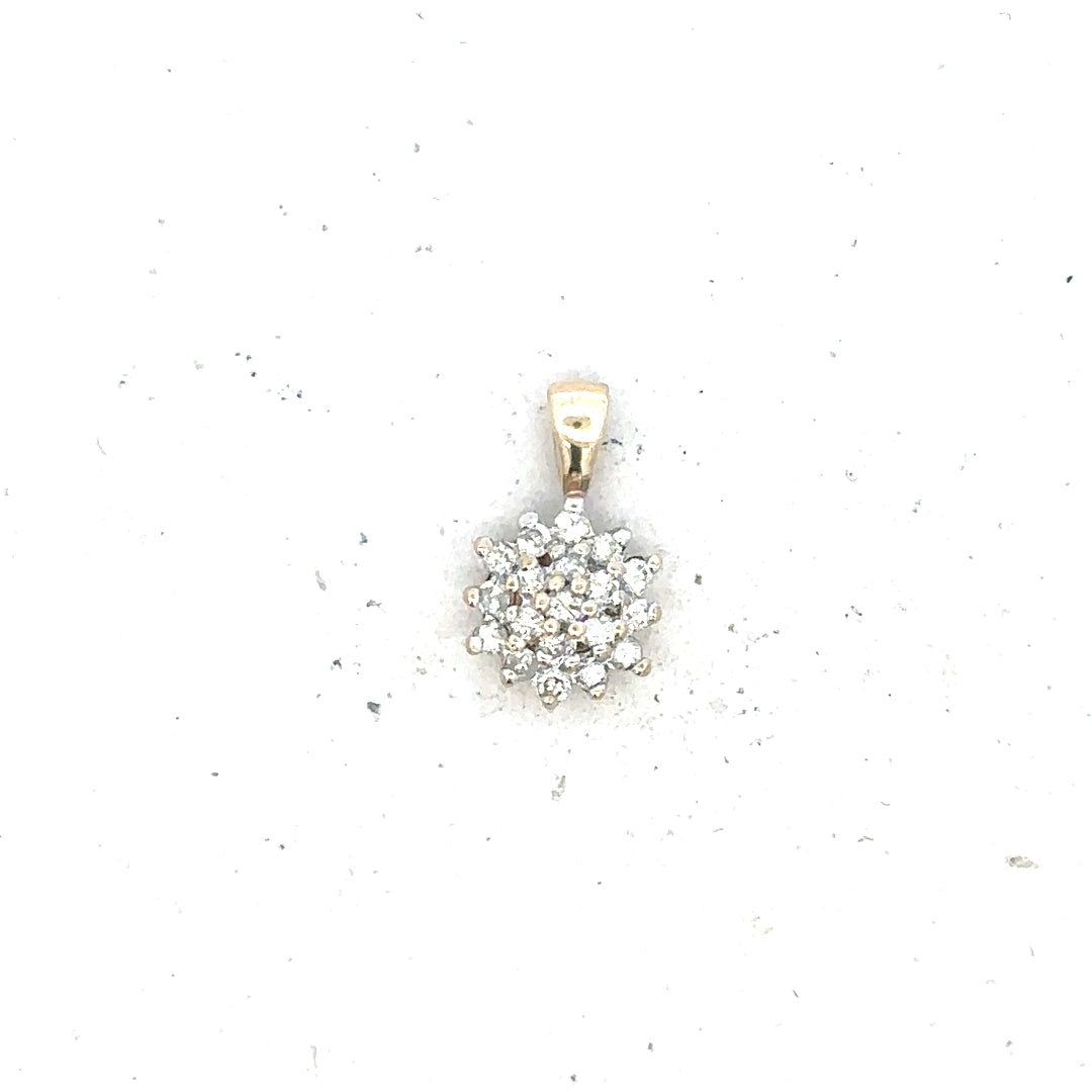 9ct yellow gold diamond pendant with delicate design, weighs 0.6g, featuring sparkling diamonds, unbranded jewelry accessory.
