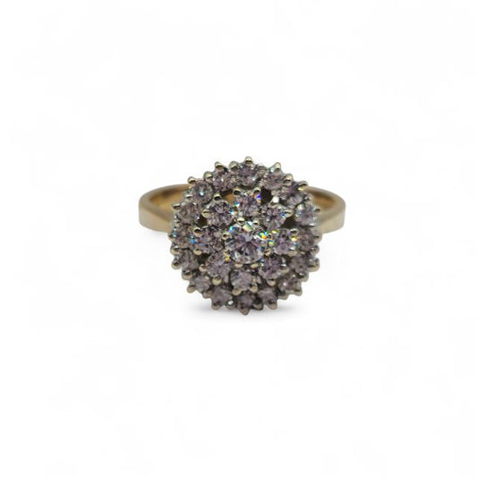 9ct yellow gold diamond ring with a detailed band, featuring sparkling diamonds set along the top surface.