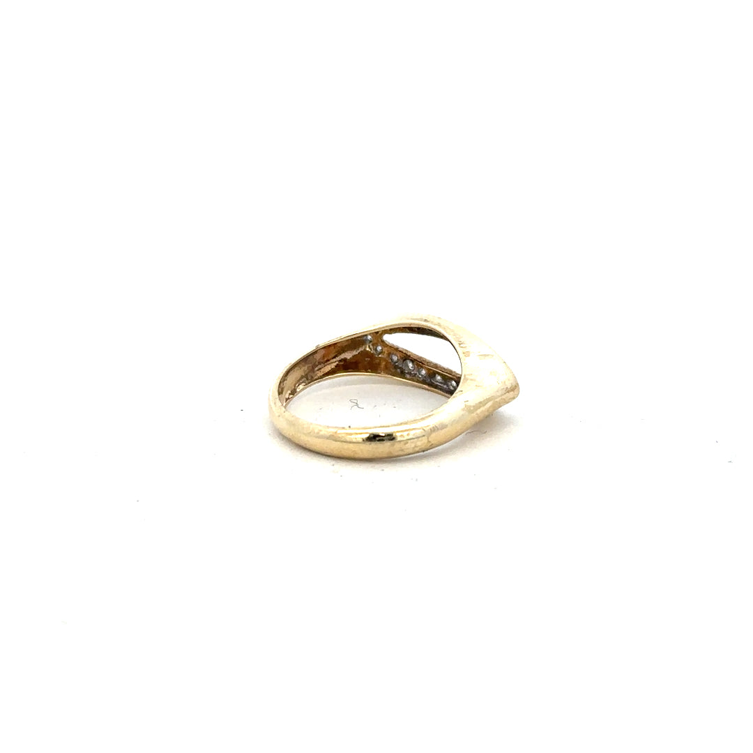 9ct yellow gold diamond ring in size J with sparkling diamonds, unbranded jewelry piece with elegant design.