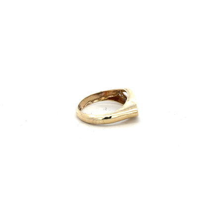 9ct yellow gold diamond ring in size J with a sparkling central diamond, unbranded, elegant jewelry design.