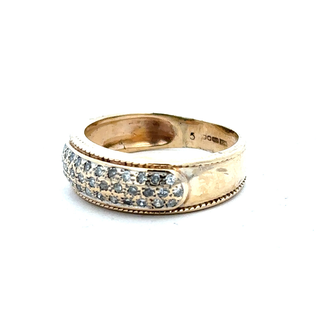 9ct yellow gold diamond ring in size M with sparkling diamonds, unbranded jewelry displayed on a neutral background.