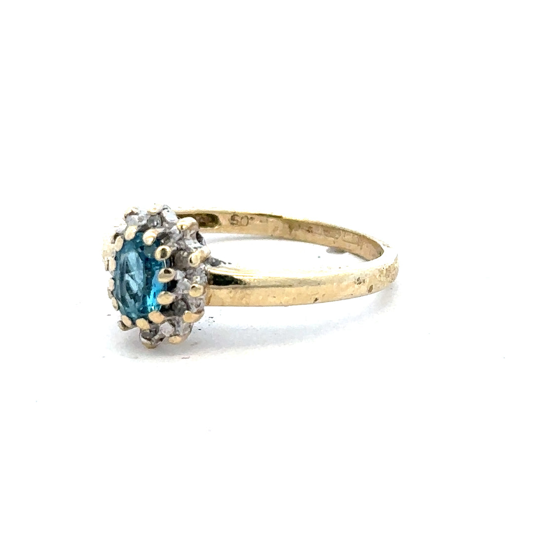 9ct yellow gold diamond ring in size M with sparkling diamonds, unbranded, showcasing elegant jewelry design.