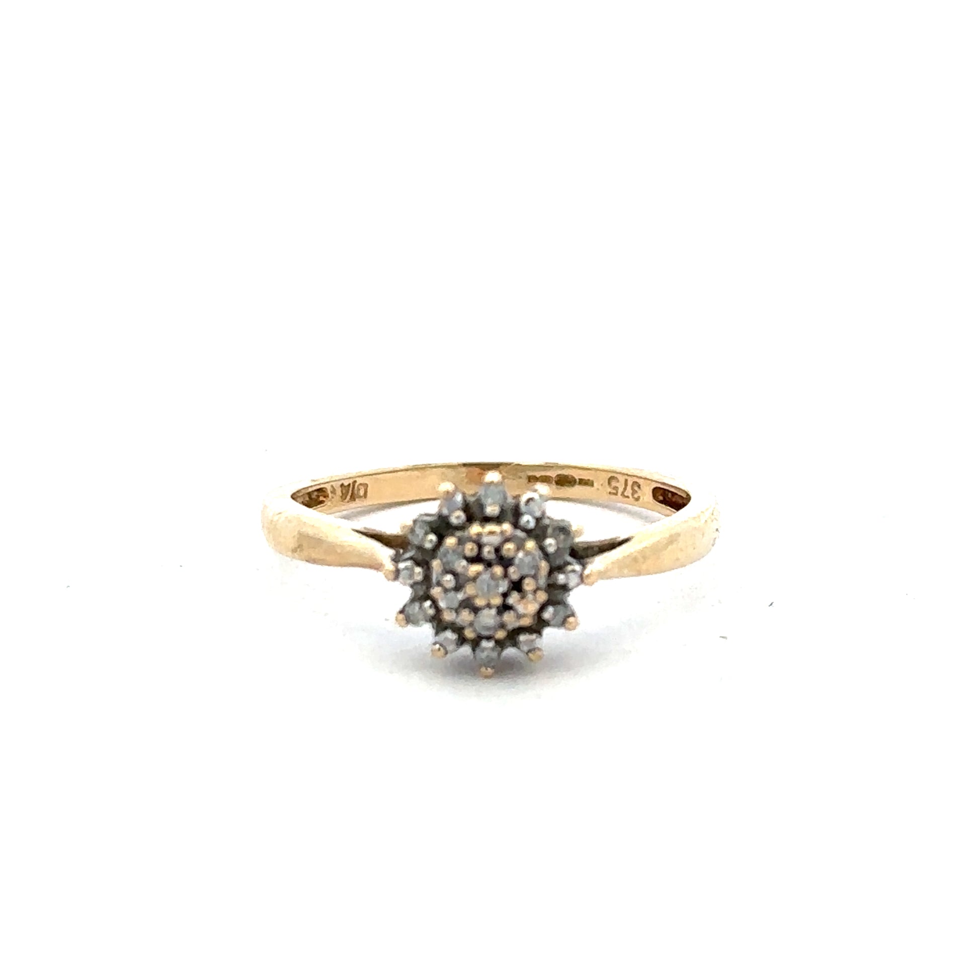 9ct yellow gold diamond ring in size M1/2, featuring a sparkling diamond setting on a classic unbranded design.
