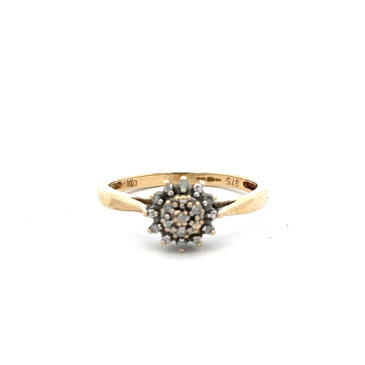 9ct yellow gold diamond ring in size M1/2, featuring a sparkling diamond setting on a classic unbranded design.