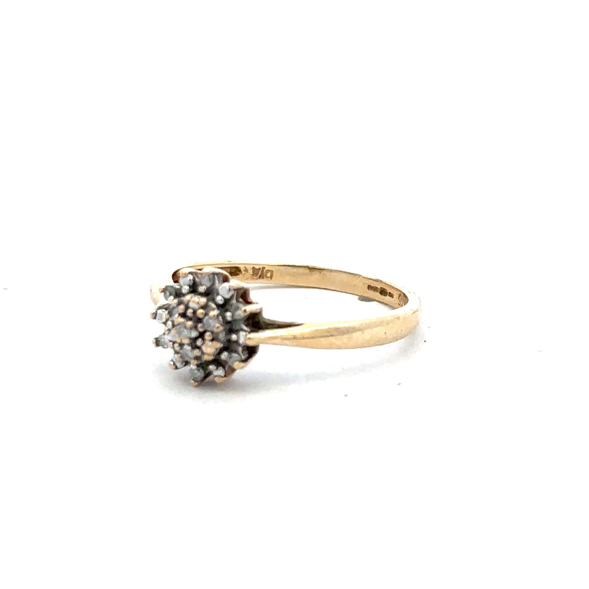 9ct yellow gold diamond ring in size M1/2, featuring a detailed design and sparkling diamonds on an elegant band.