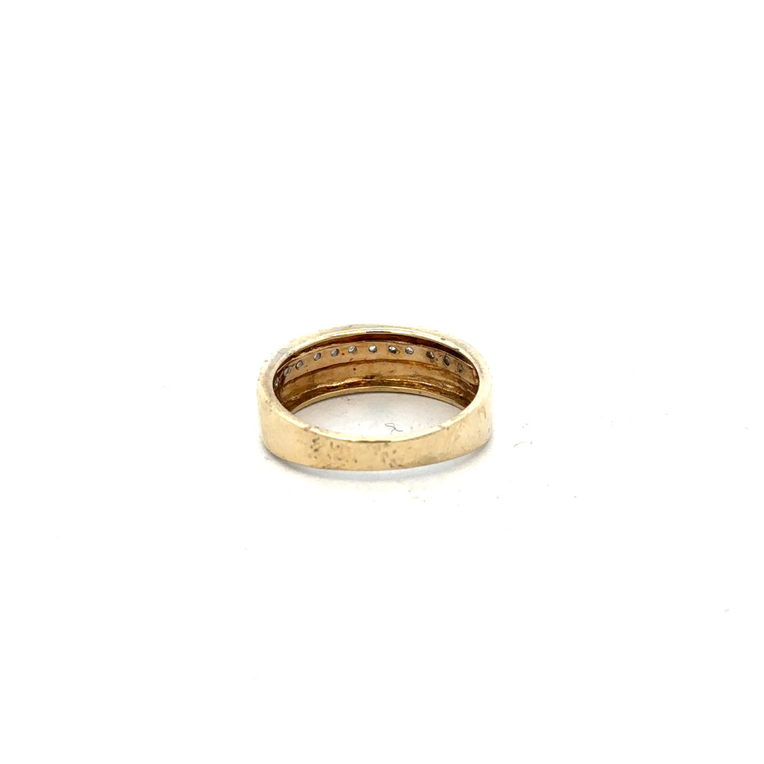9ct yellow gold diamond ring size P with sparkling diamonds, showcasing a elegant design and polished finish.