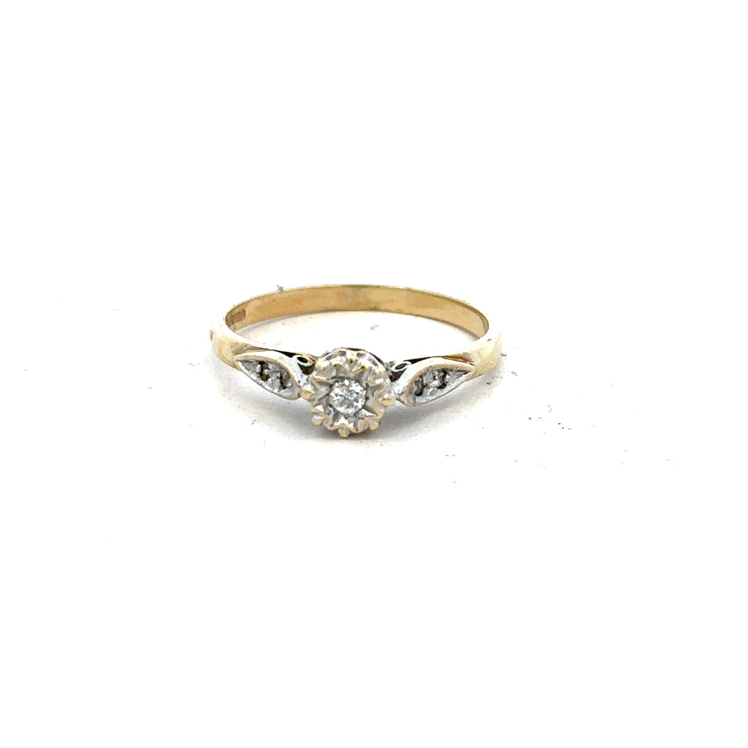 9ct yellow gold diamond ring in size P with sparkling diamonds, unbranded jewelry displayed on a white background.