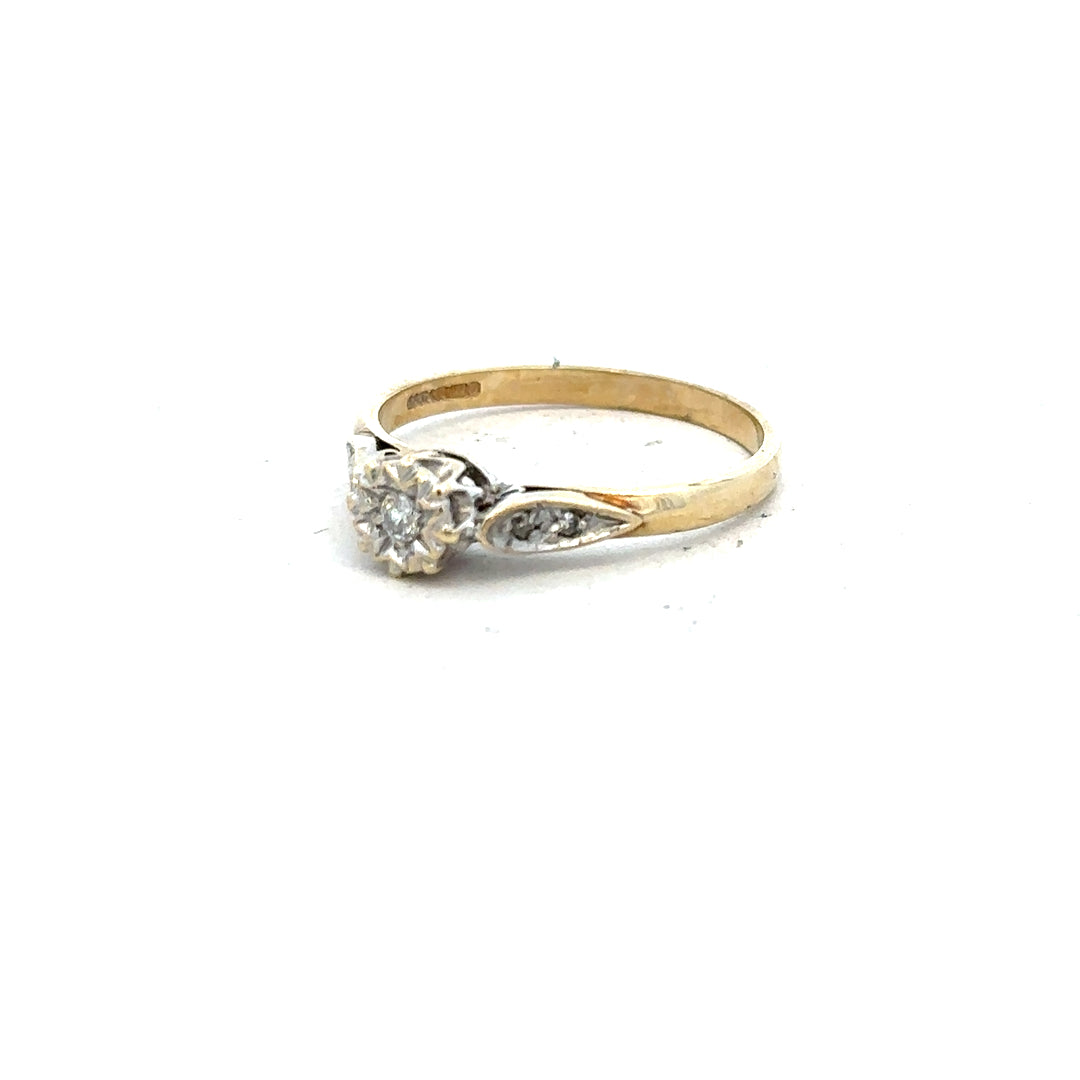 9ct yellow gold diamond ring in size P showcasing a sparkling diamond set in a classic band.