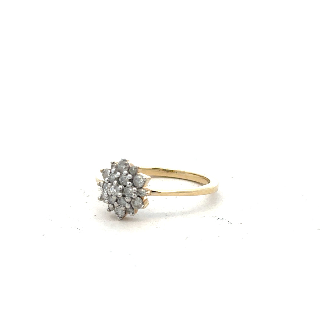 9ct yellow gold diamond ring in size R with sparkling diamonds, unbranded jewelry piece.