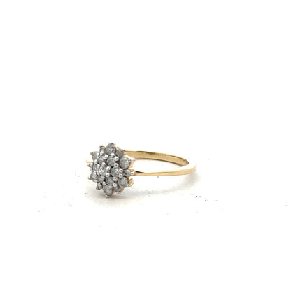 9ct yellow gold diamond ring in size R with sparkling diamonds, unbranded jewelry piece.