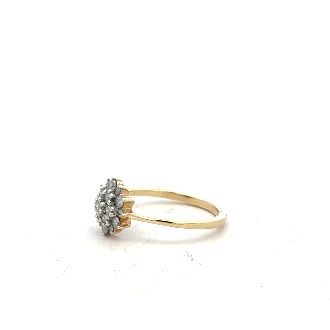 9ct yellow gold diamond ring in size R with sparkling diamonds, unbranded jewelry displayed on a neutral background.