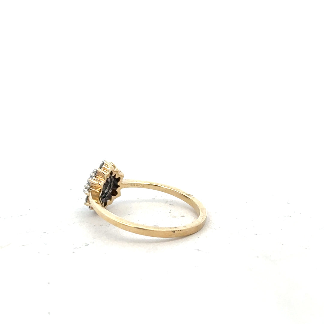 9ct yellow gold diamond ring in size R with sparkling diamonds, unbranded jewelry showcasing elegant craftsmanship.