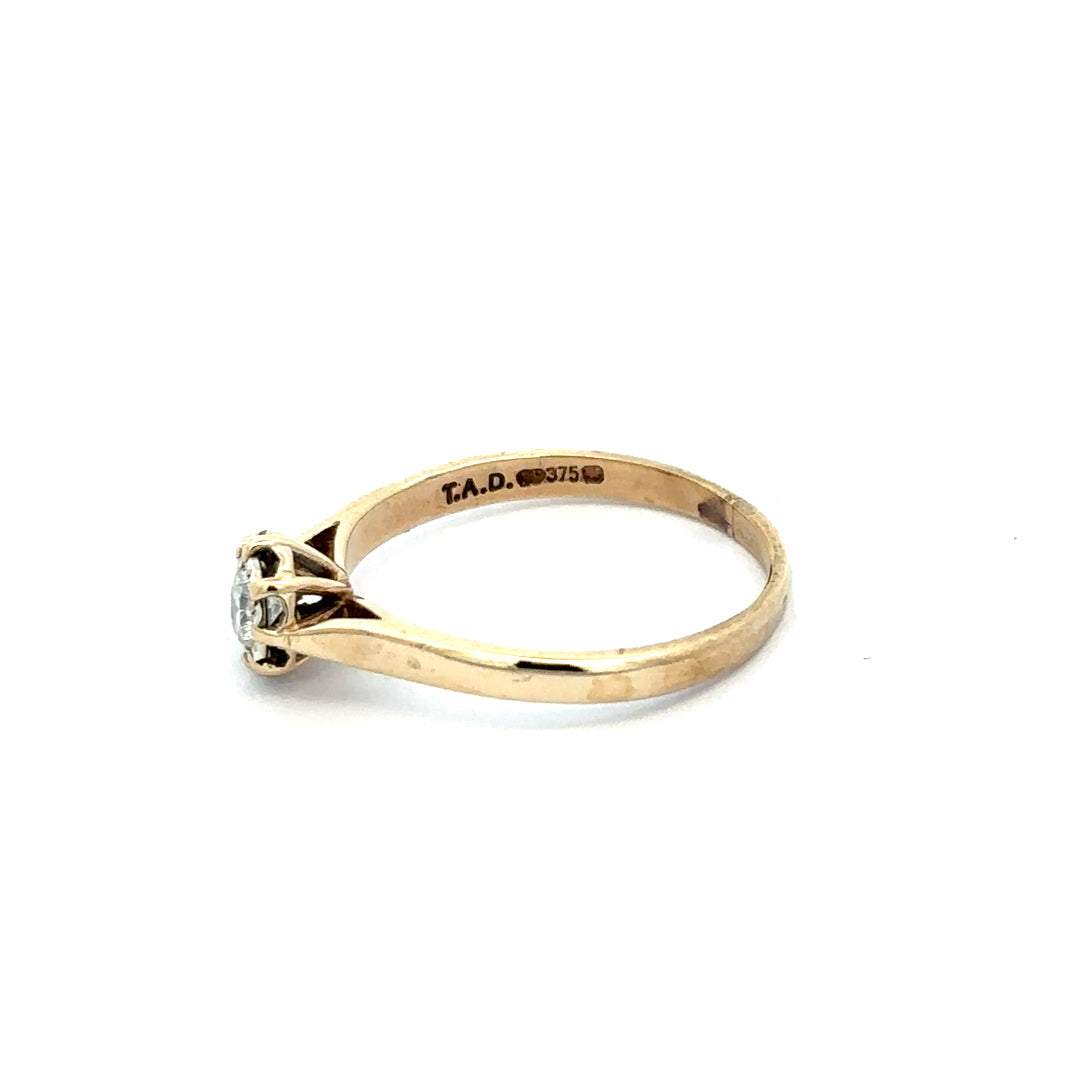 9ct yellow gold diamond ring in size R, featuring a sparkling diamond setting, unbranded jewelry piece with elegant design.