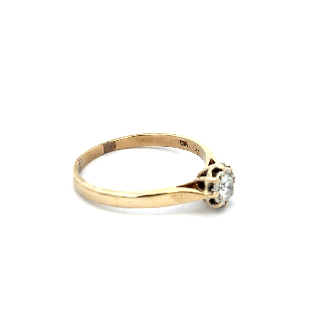9ct yellow gold diamond ring in size R with sparkling diamonds, unbranded jewelry piece, showcasing intricate design and craftsmanship.
