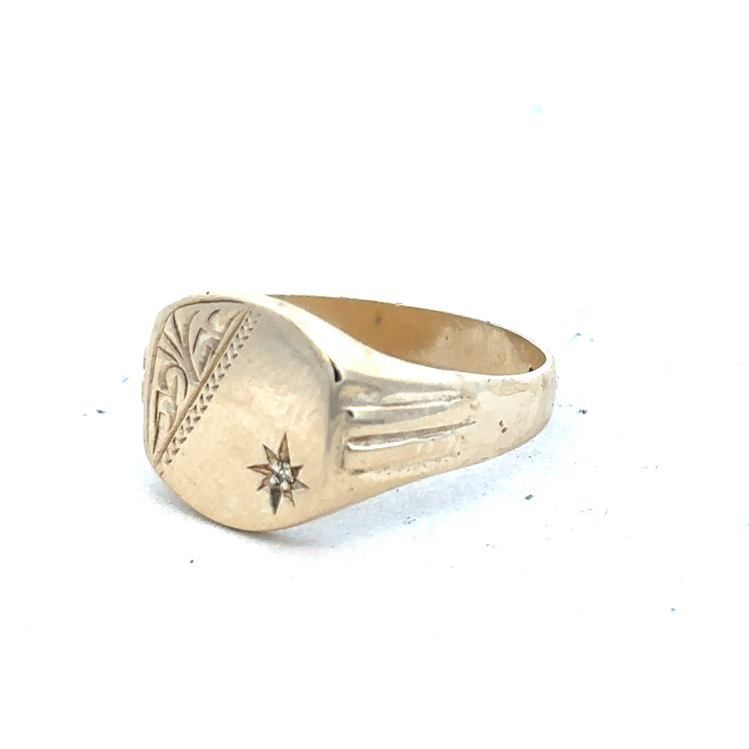 9ct yellow gold diamond ring in size T featuring a sparkling diamond setting, unbranded jewelry design.