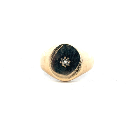 9ct yellow gold diamond signet ring in size U with a polished finish, featuring a rectangular face with diamond accents.