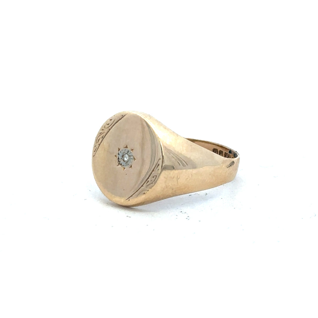 9ct yellow gold diamond signet ring in size U, featuring a classic engraved design, unbranded jewelry piece.