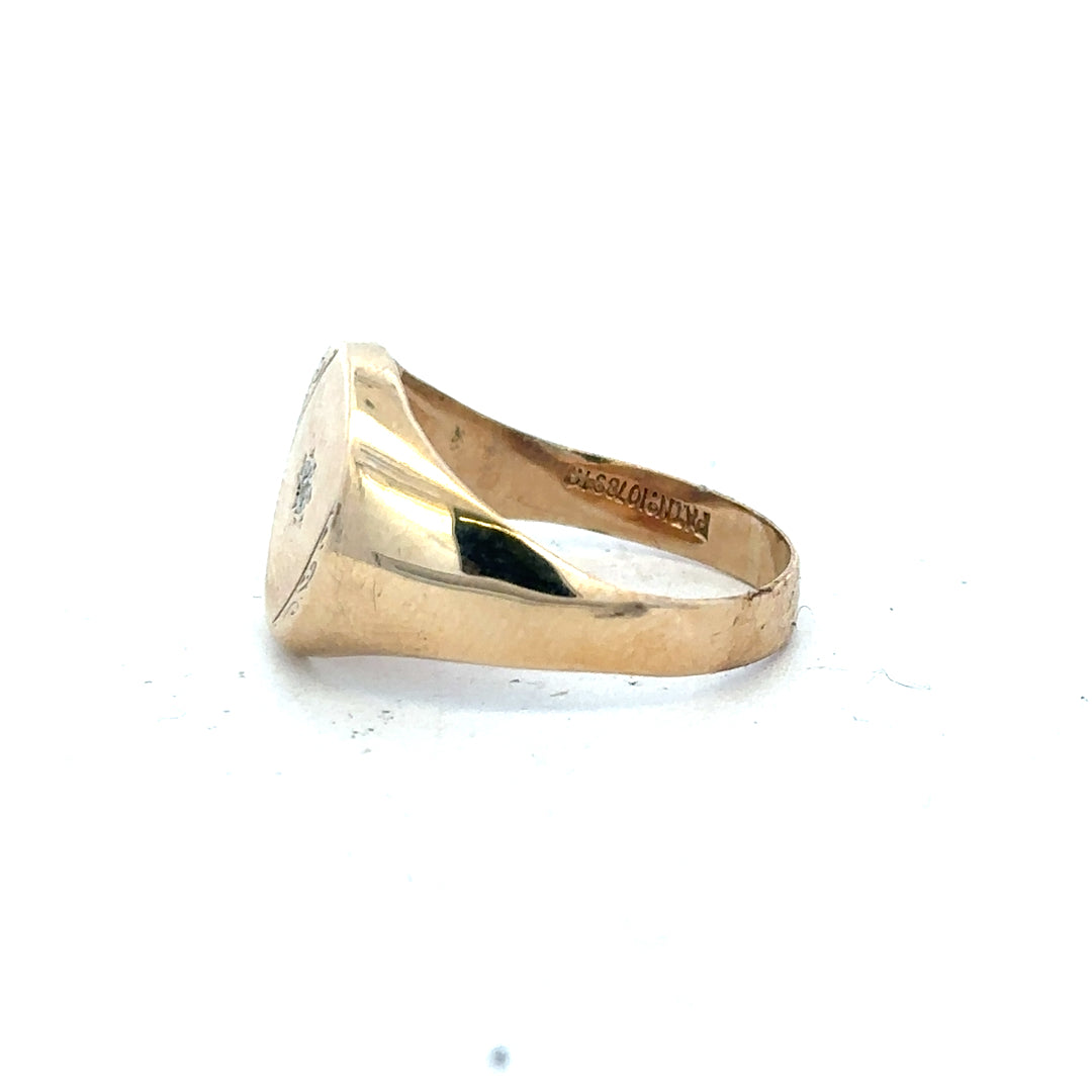 Yellow gold diamond signet ring in size U, unbranded, featuring a smooth polished surface and a classic design.