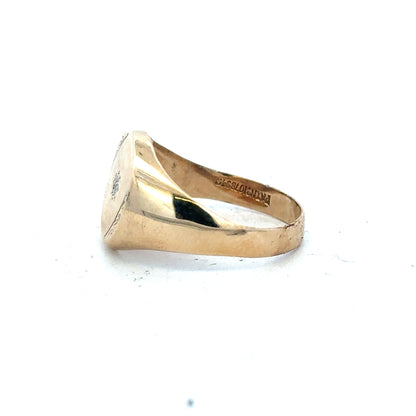 Yellow gold diamond signet ring in size U, unbranded, featuring a smooth polished surface and a classic design.