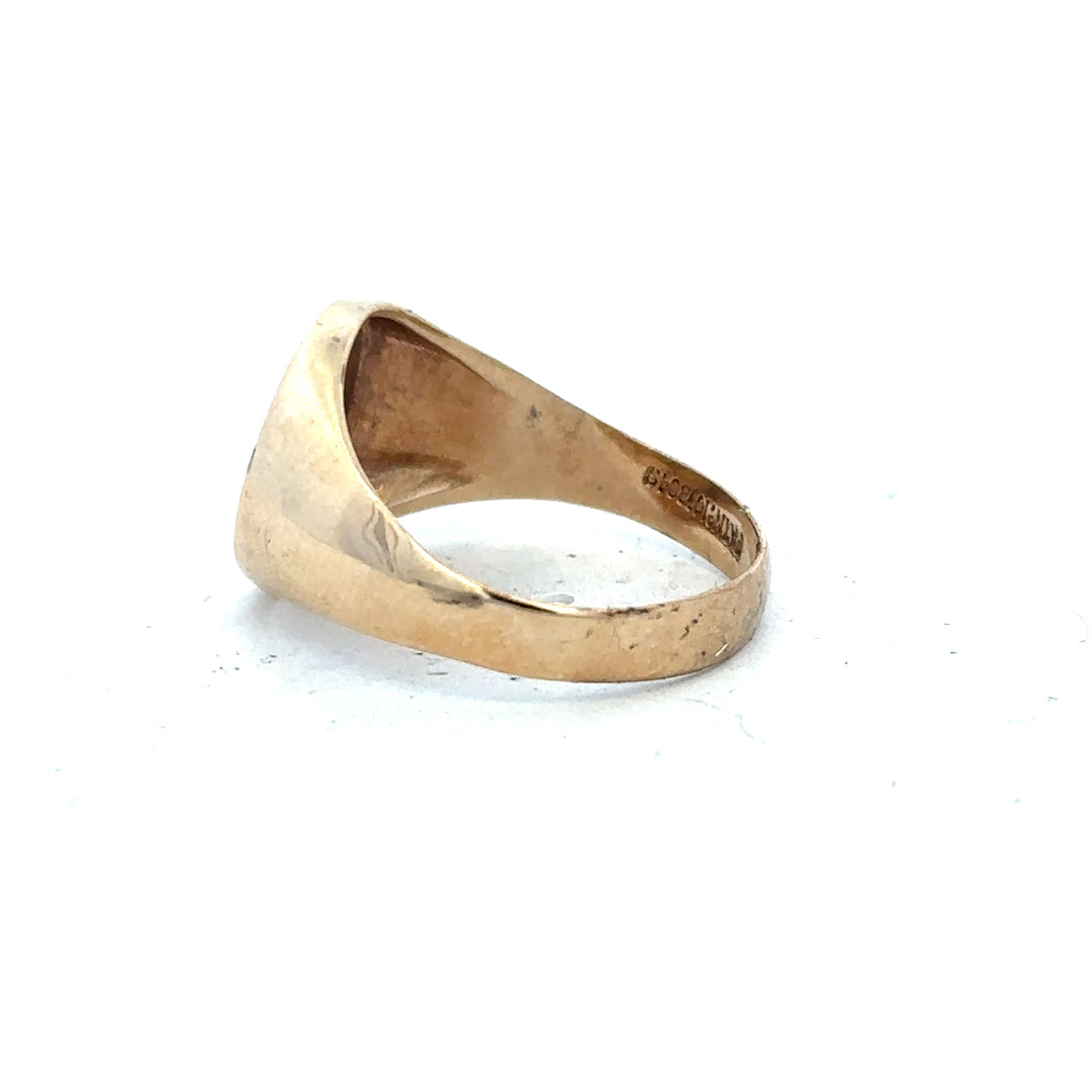 9ct yellow gold diamond signet ring in size U, featuring a polished surface and subtle diamond accents, unbranded jewelry.