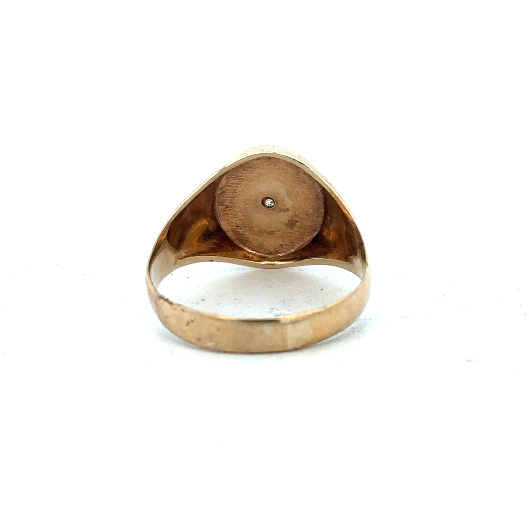 9ct yellow gold diamond signet ring in size U with engraved design, unbranded jewelry piece on a neutral background.