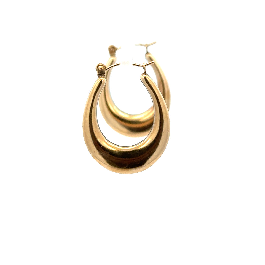 9ct yellow gold earrings, unbranded, with a sleek design, weighing 1.8g, shown in a close-up image highlighting their polished finish.