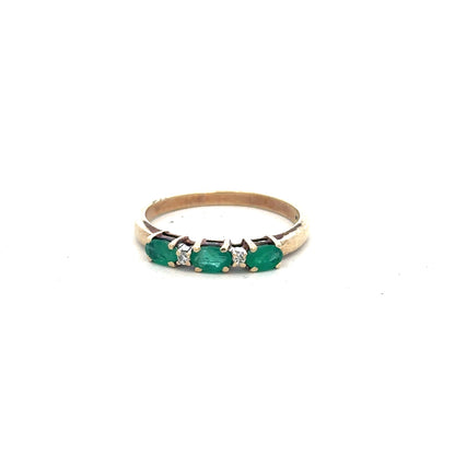 9ct yellow gold emerald and diamond ring in size T with intricate design, showcasing sparkling stones and detailed craftsmanship.
