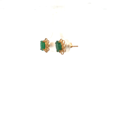 9ct yellow gold emerald earrings with a delicate design, featuring vibrant green emerald stones and lightweight craftsmanship.
