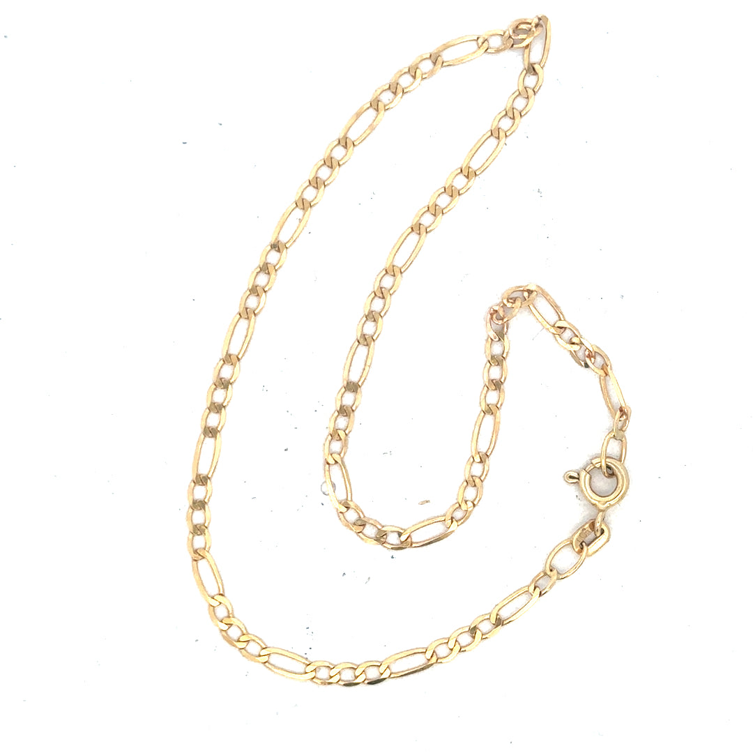 9ct yellow gold figaro bracelet with a lightweight 1.5g design, featuring interlinked gold links, unbranded jewelry accessory.