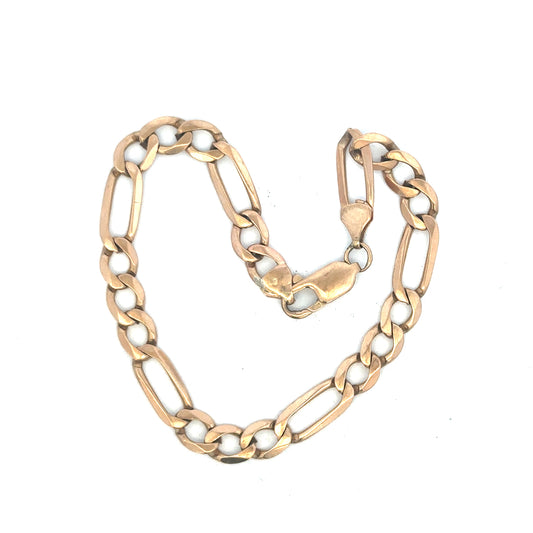 9ct yellow gold Figaro bracelet weighing 11.9g, unbranded jewelry with distinctive linked chain design.