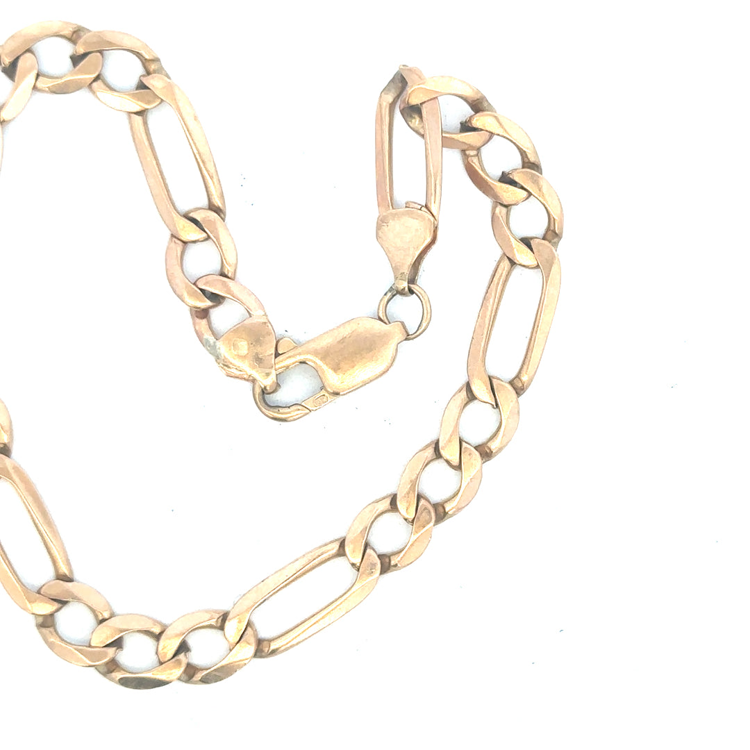 9ct yellow gold figaro bracelet with a polished chain, weighing 11.9 grams, showcasing a classic jewelry design.