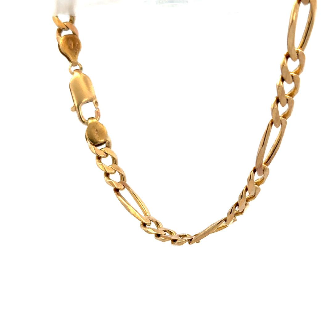 9ct yellow gold figaro bracelet with a polished link design, weighing 13.8 grams, unbranded jewelry accessory.