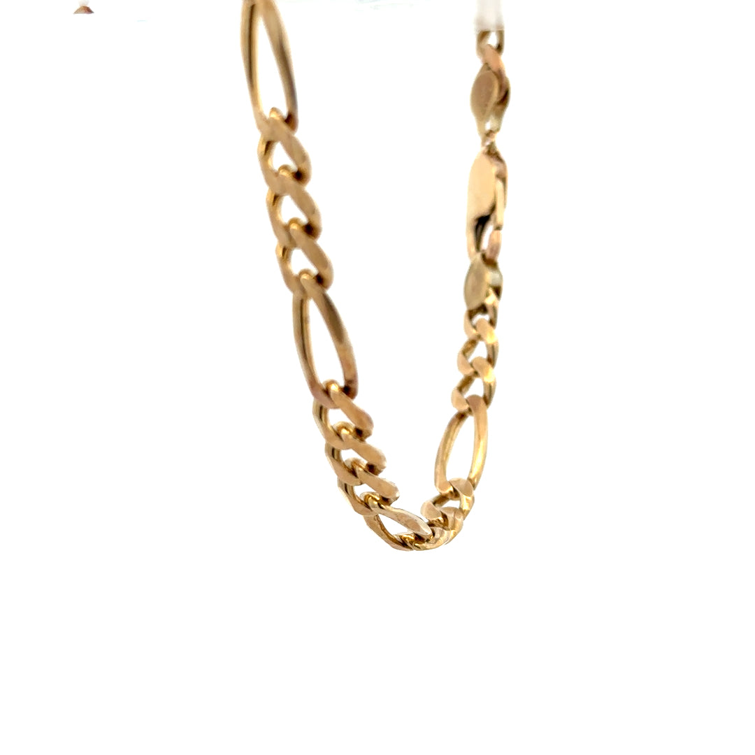 9ct yellow gold Figaro bracelet with a polished chain design, weighing 13.8 grams, unbranded jewelry piece.