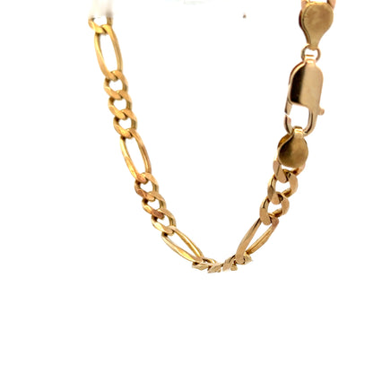 9ct yellow gold figaro bracelet with a polished chain design, weighing 13.8g, unbranded jewelry accessory.