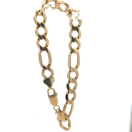9ct yellow gold figaro bracelet with a 20.1g weight, featuring classic link design, unbranded jewelry accessory.