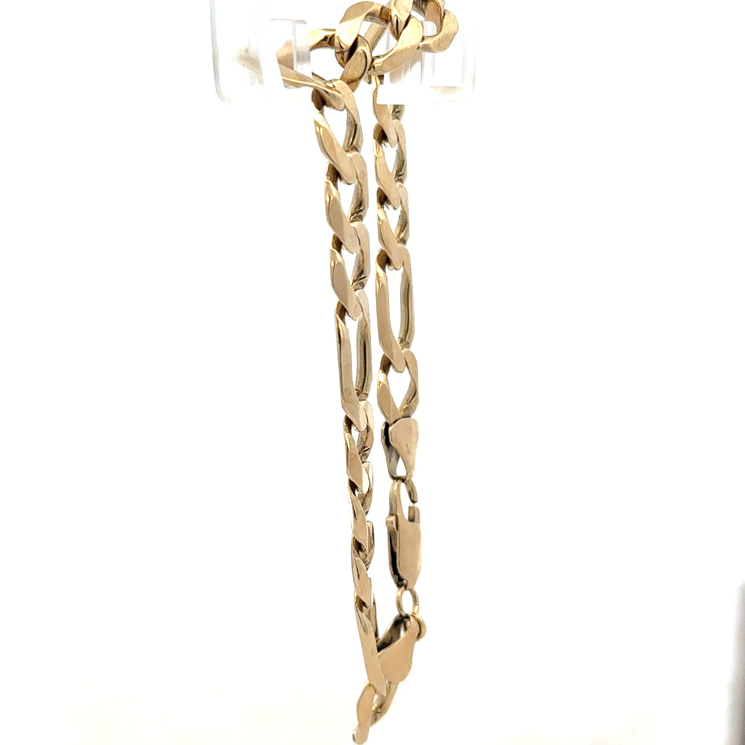 9ct yellow gold figaro bracelet with a 20.1g weight, showcasing linked chain design, unbranded jewelry accessory.