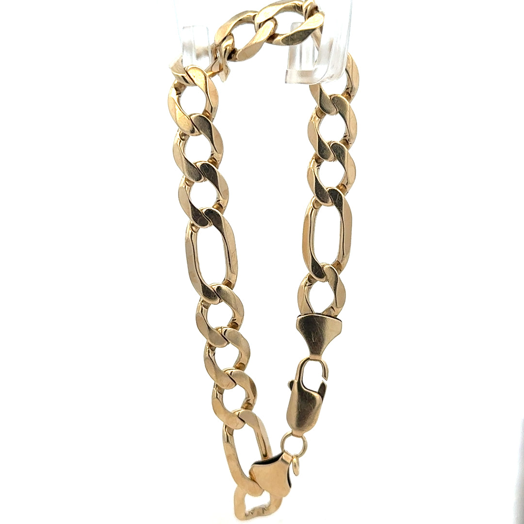 9ct yellow gold Figaro bracelet with a 20.1g weight, featuring linked chain design and polished finish.