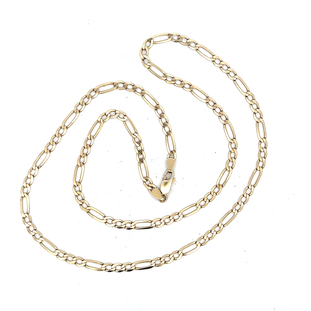 9ct yellow gold figaro chain, unbranded, 11g, with detailed links, shown on a neutral background